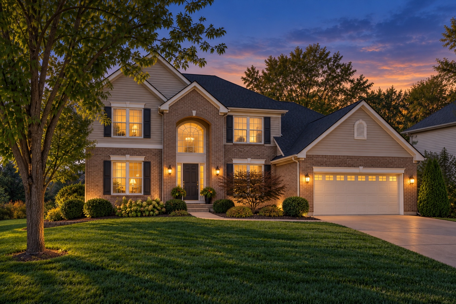 The Midwest two-story home presented at virtual twilight
